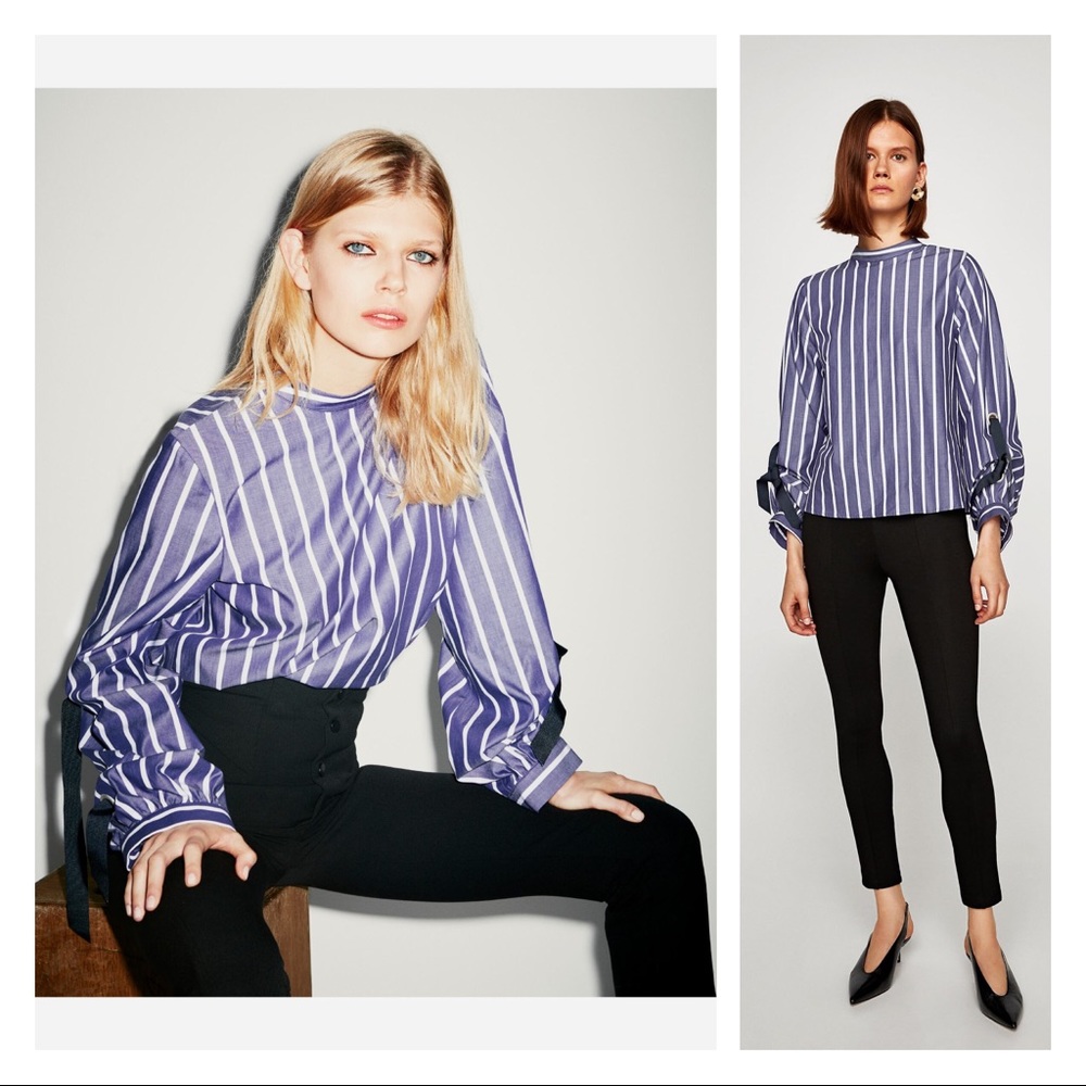 nwot • zara • blue striped shirt with bows • m